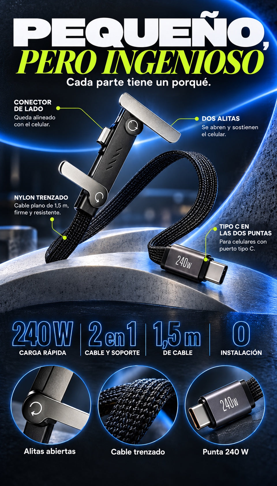 Conector de lado, dos alitas, nylon trenzado y tipo C: 240 W, 1,5 m de cable