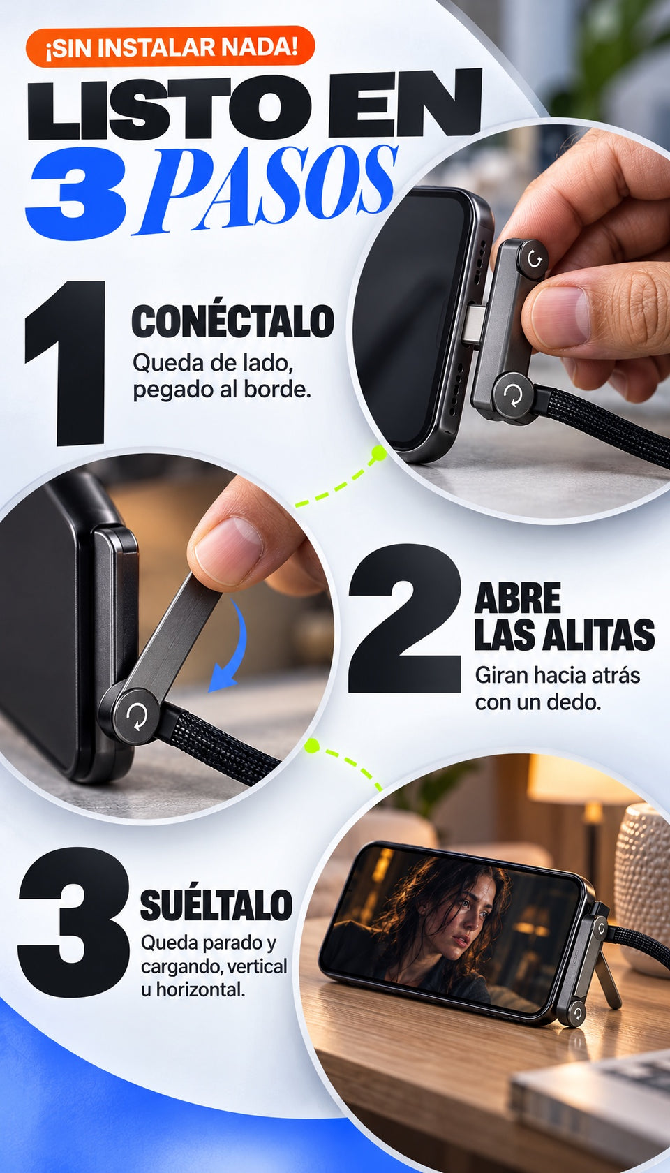 Listo en 3 pasos: conéctalo, abre las alitas, suéltalo