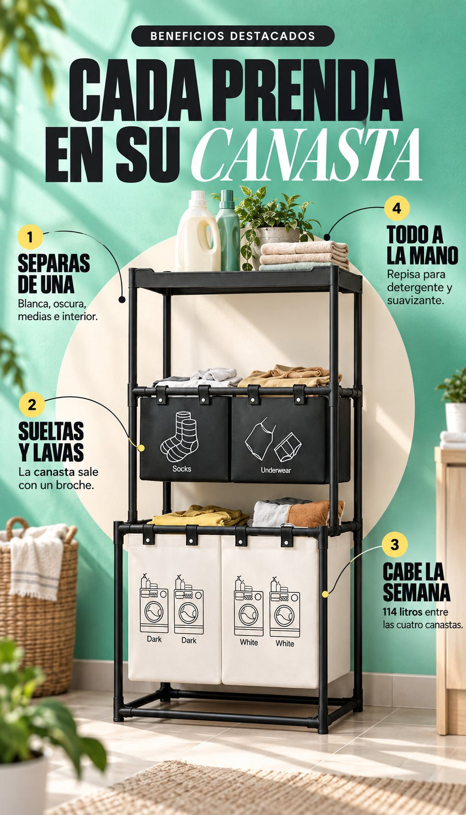 Beneficios: separas de una, sueltas y lavas, cabe la semana, todo a la mano