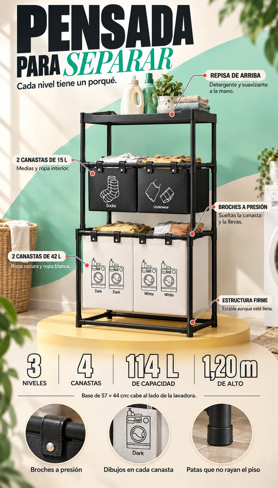 Repisa, 2 canastas de 15 L, 2 canastas de 42 L, broches a presión y estructura firme