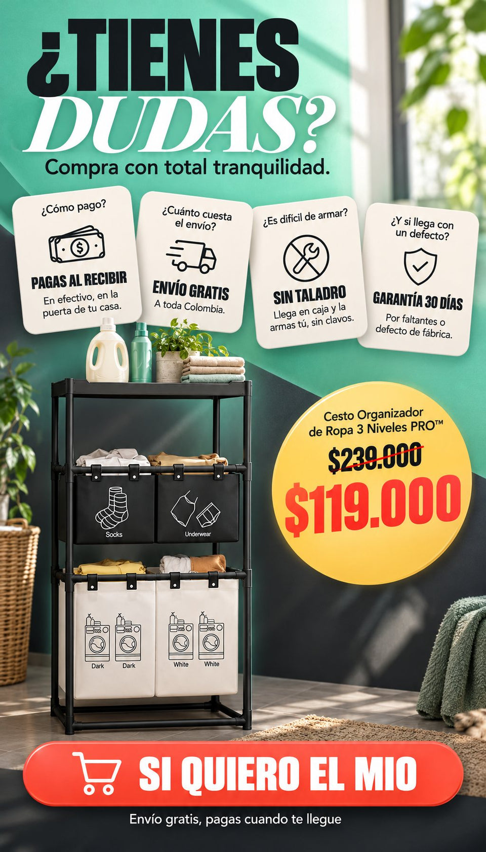 Dudas: pagas al recibir, envío gratis, sin taladro, garantía 30 días — $119.000