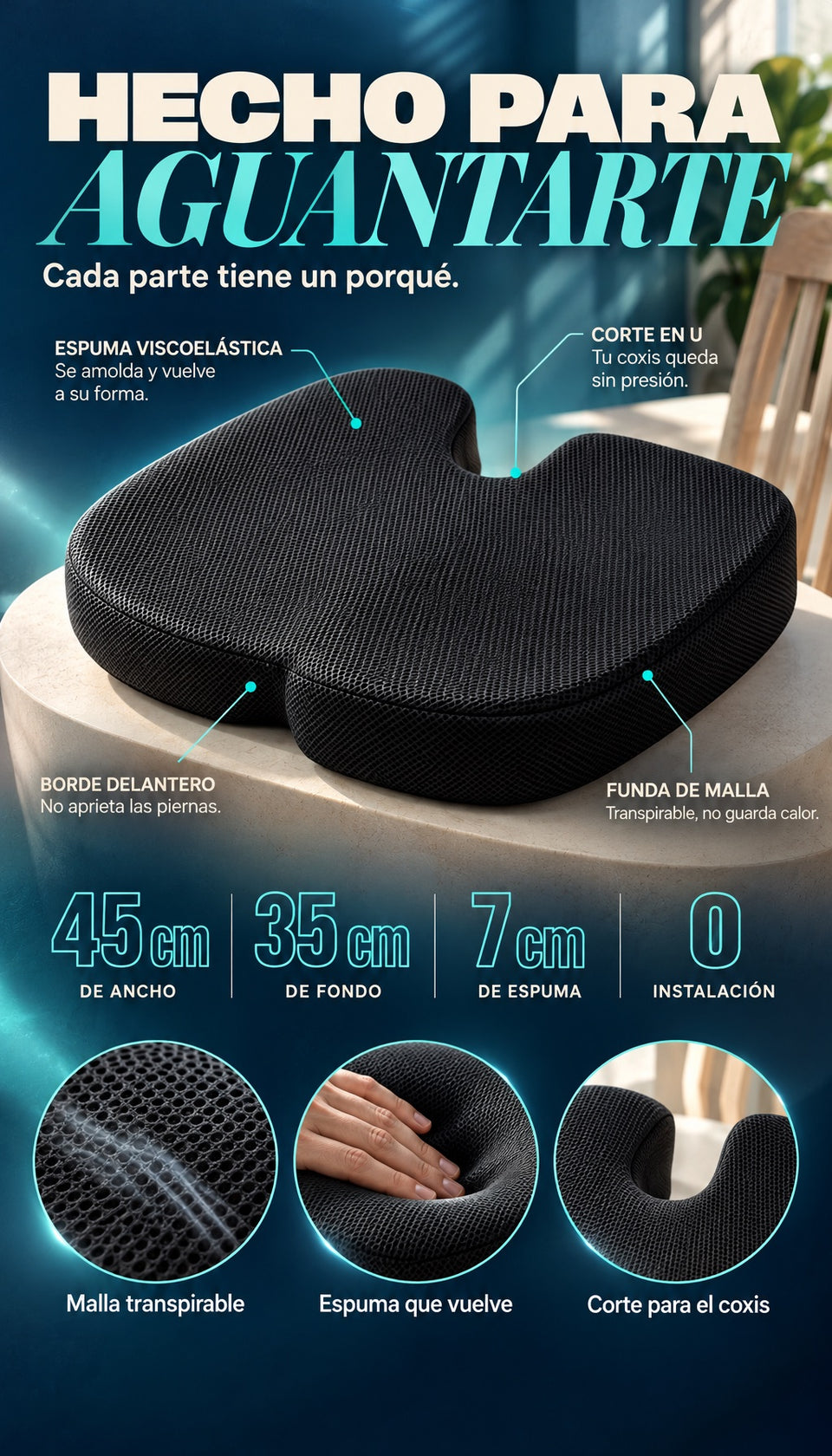 Espuma viscoelástica, corte en U, funda de malla: 45 × 35 × 7 cm
