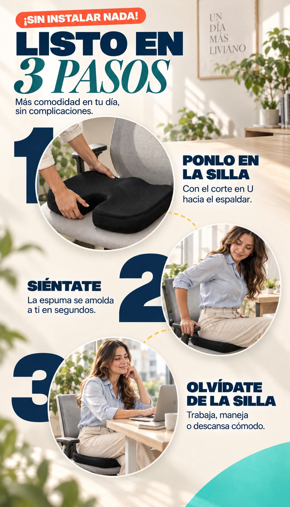 Listo en 3 pasos: ponlo en la silla, siéntate, olvídate de la silla