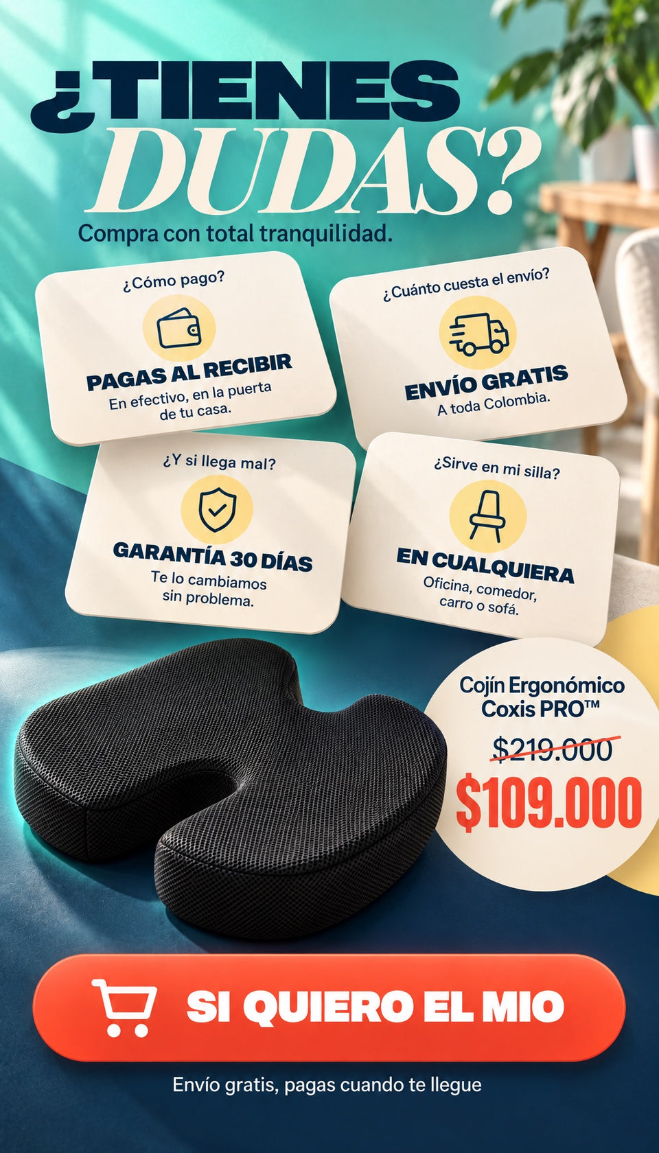 Dudas: pagas al recibir, envío gratis, garantía 30 días, sirve en cualquier silla — $109.000