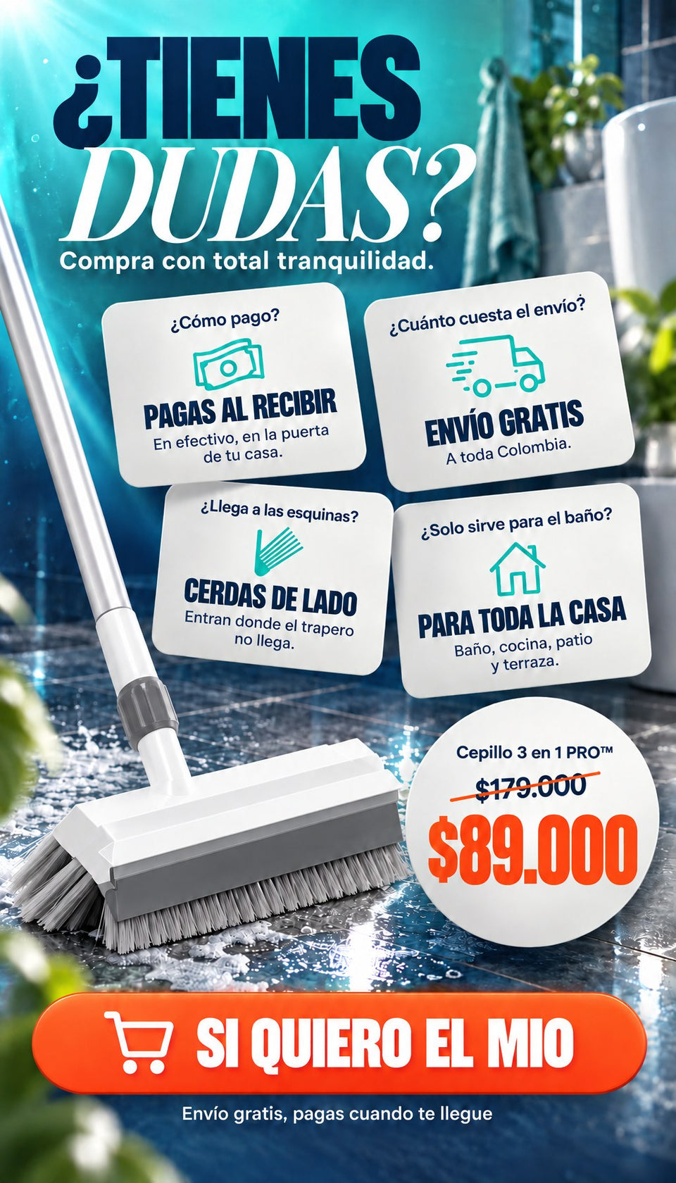 Dudas: pagas al recibir, envío gratis, cerdas de lado para esquinas, para toda la casa — $89.000