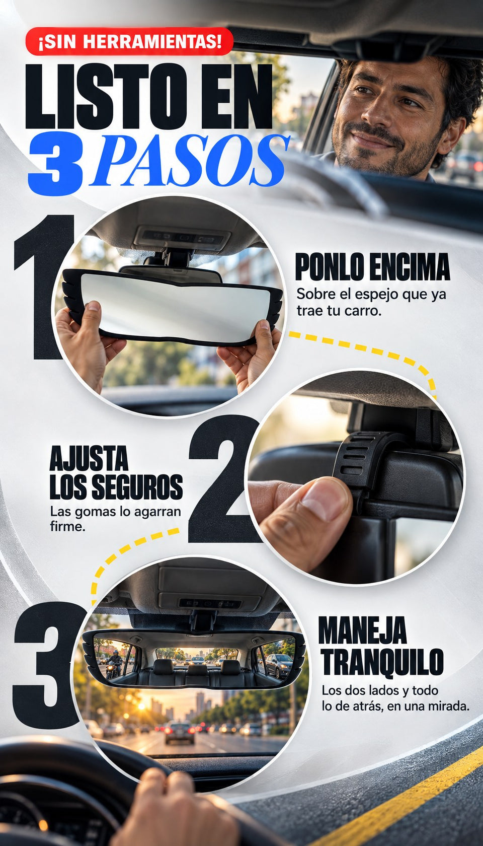 Listo en 3 pasos: ponlo encima, ajusta los seguros, maneja tranquilo