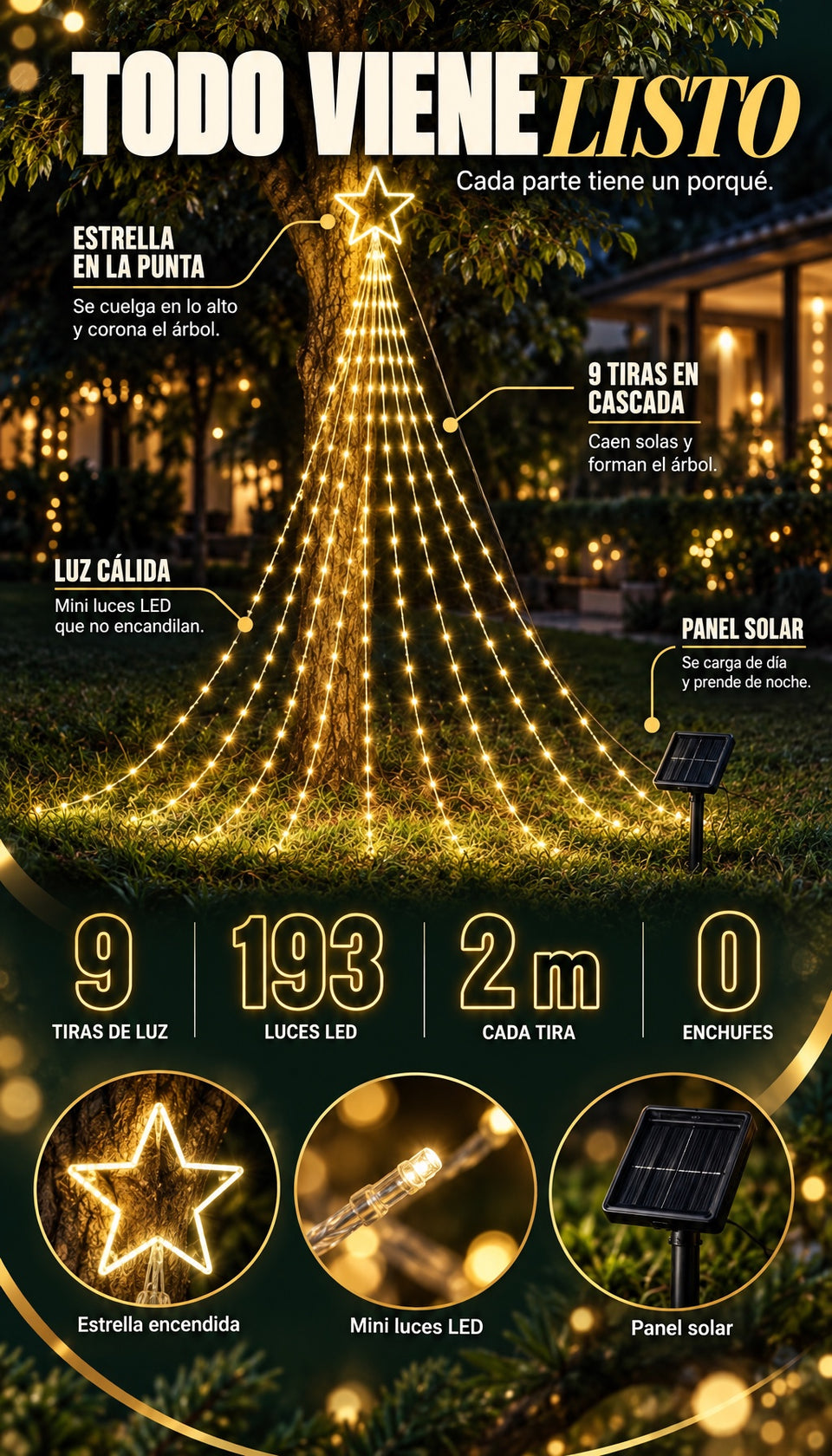 Todo viene listo: estrella, 9 tiras, 193 luces LED, 2 m cada tira, panel solar