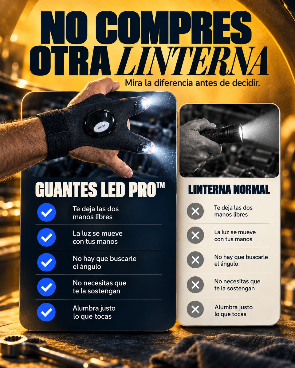 Guantes LED PRO™ contra una linterna normal