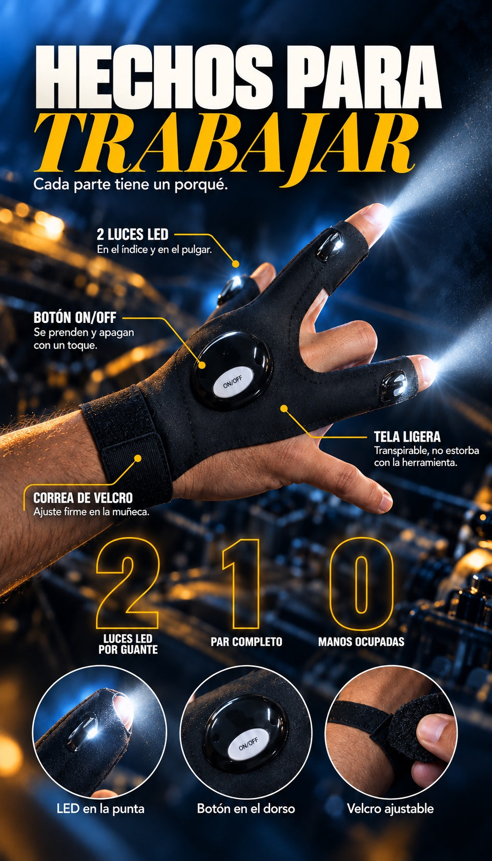 Hechos para trabajar: 2 luces LED, botón ON/OFF, correa de velcro, tela ligera