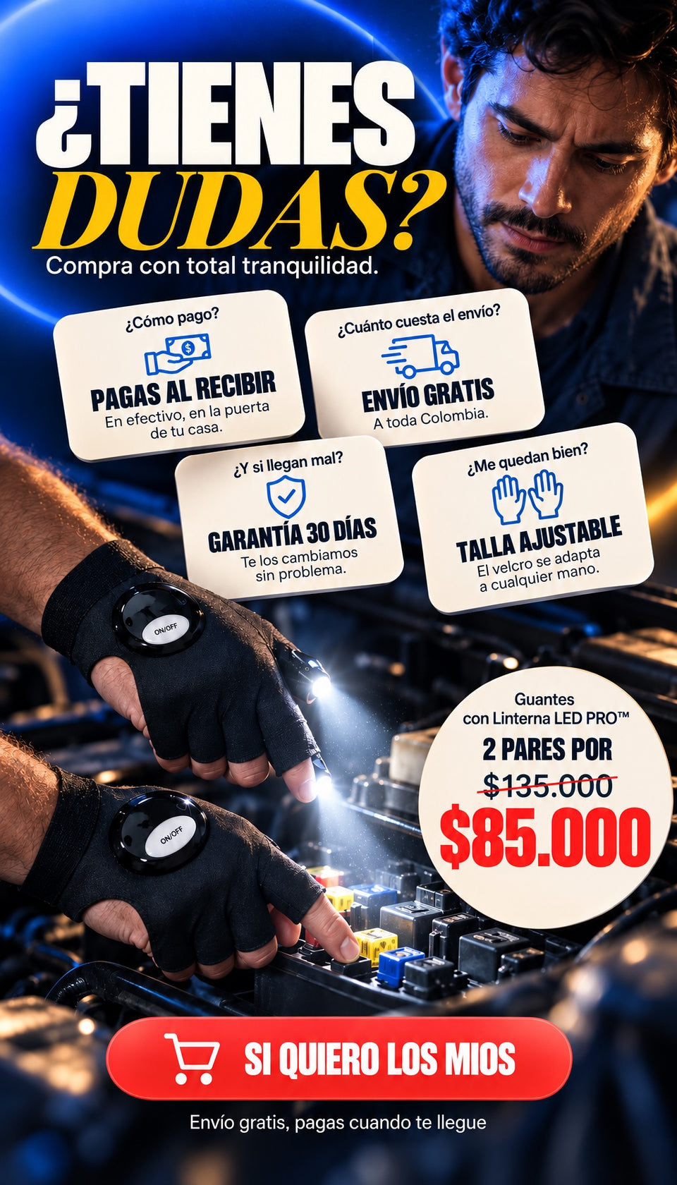 Dudas: pagas al recibir, envío gratis, garantía 30 días, talla ajustable — 2 pares por $85.000
