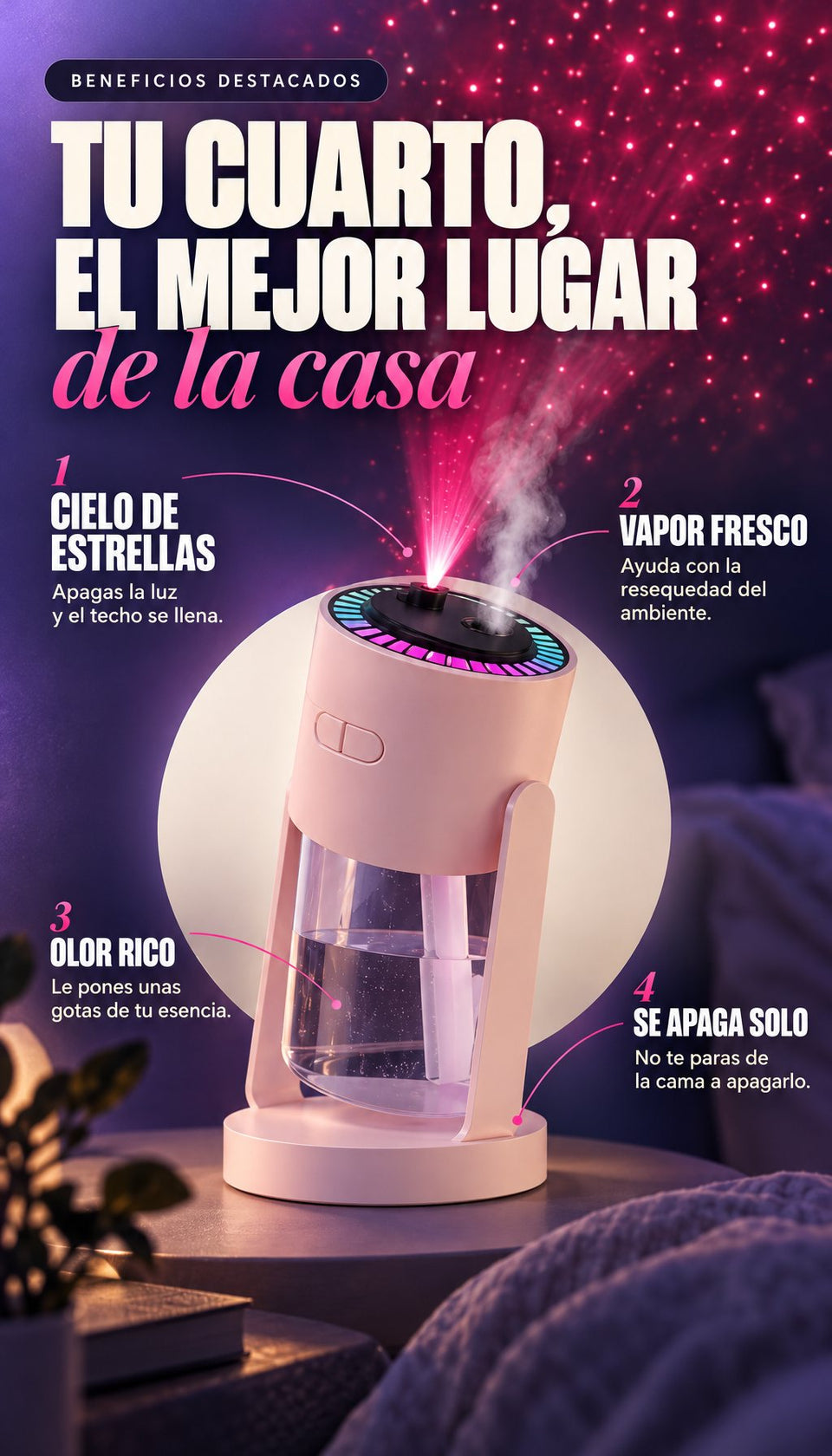 Beneficios: cielo de estrellas, vapor fresco, olor rico y apagado automático