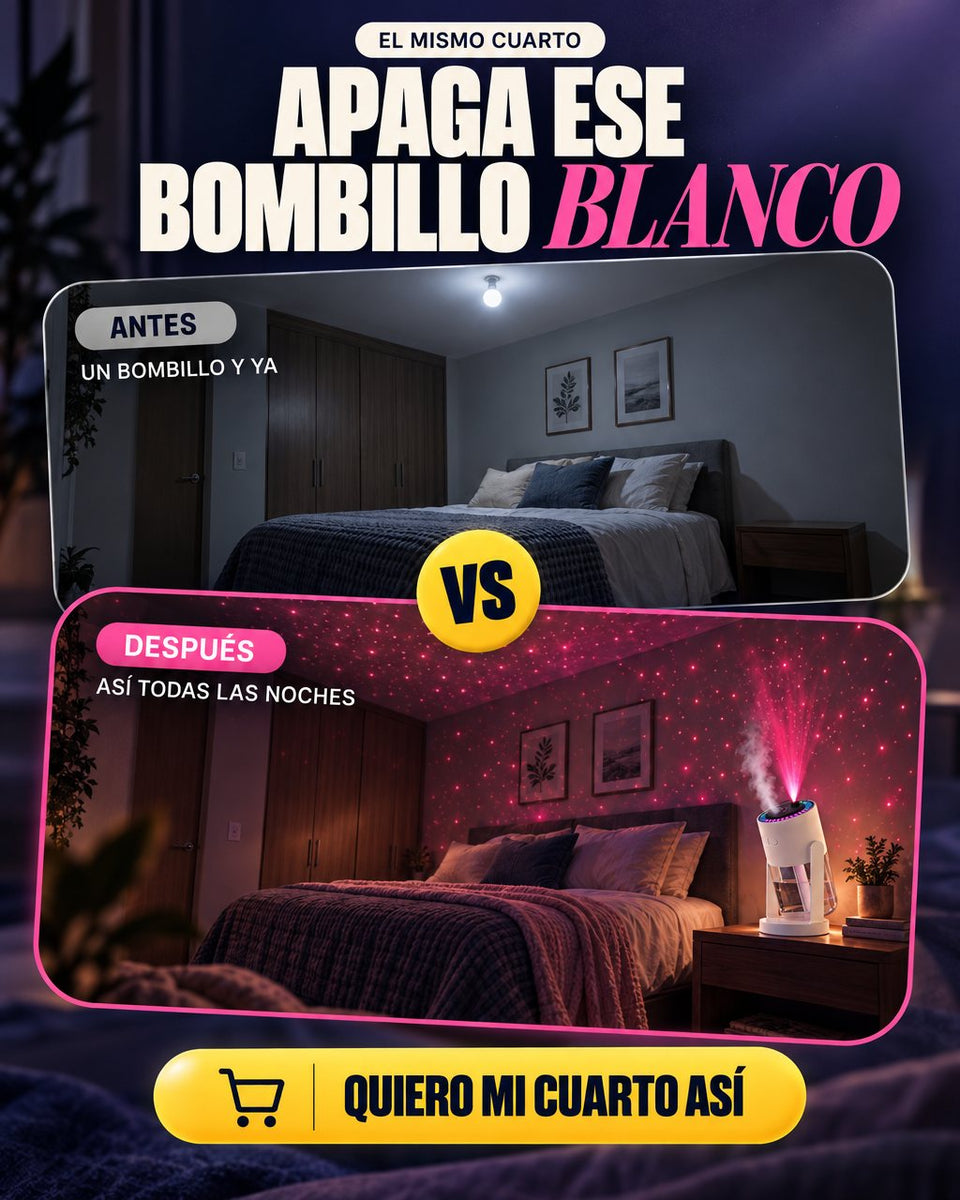 Antes y después: un bombillo blanco contra un techo de estrellas