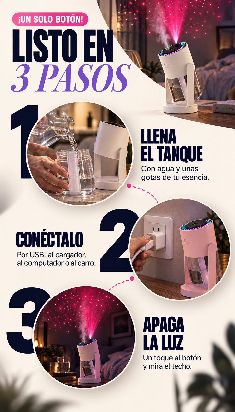 Listo en 3 pasos: llena el tanque, conéctalo por USB, apaga la luz