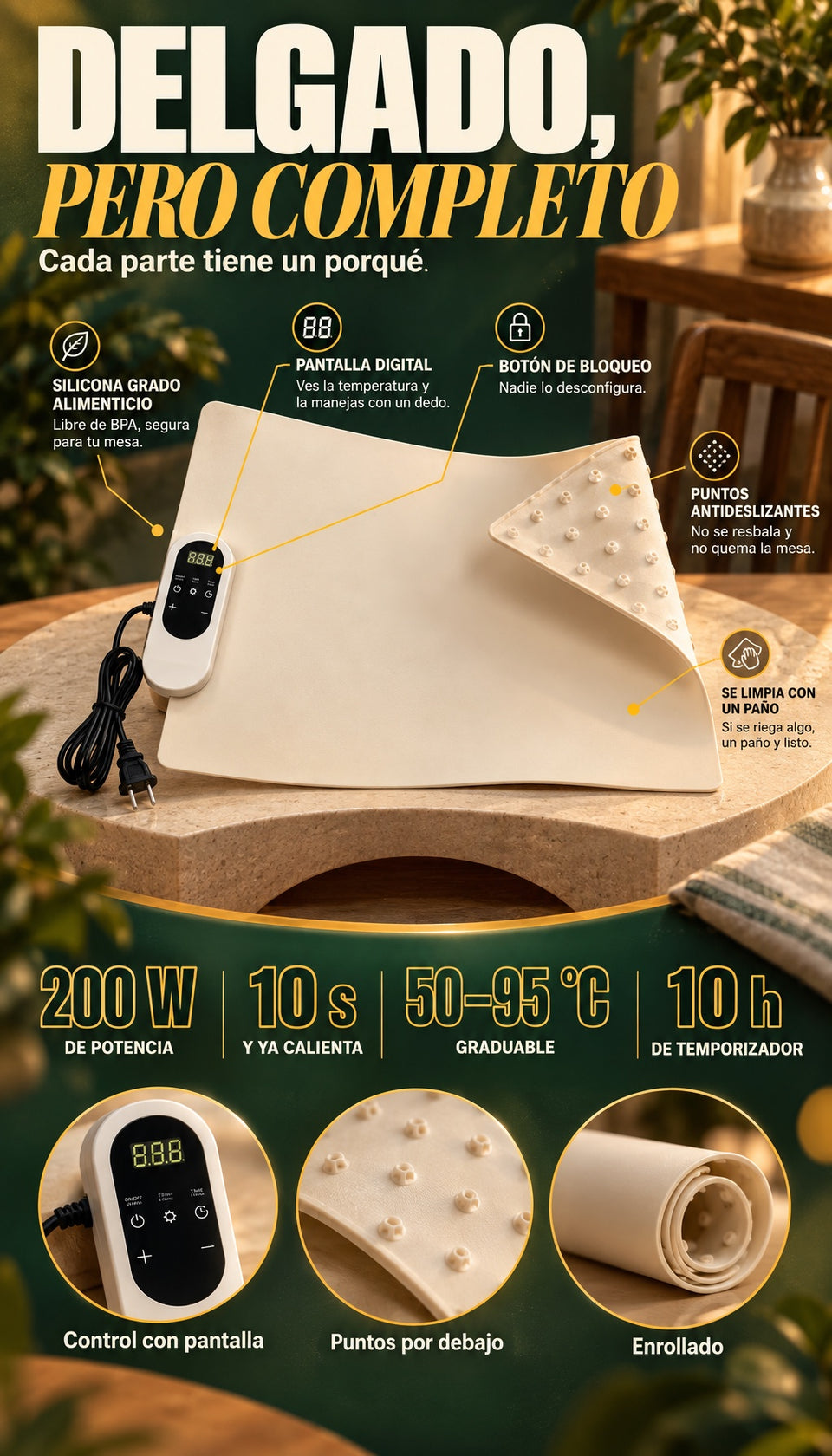 Silicona grado alimenticio, pantalla digital, bloqueo, puntos antideslizantes: 200 W, 50–95 °C, 10 h