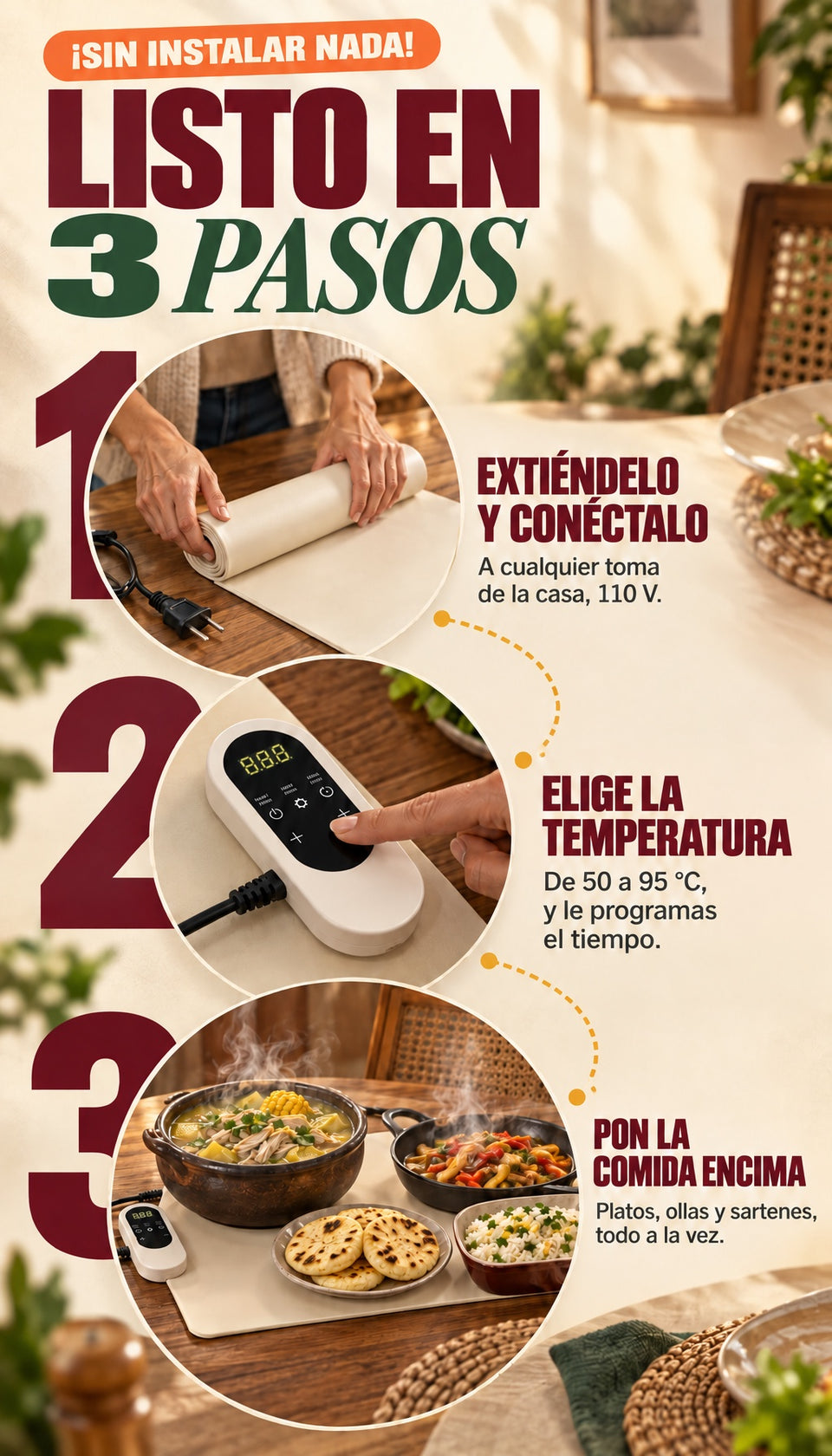 Listo en 3 pasos: extiéndelo y conéctalo, elige la temperatura, pon la comida encima