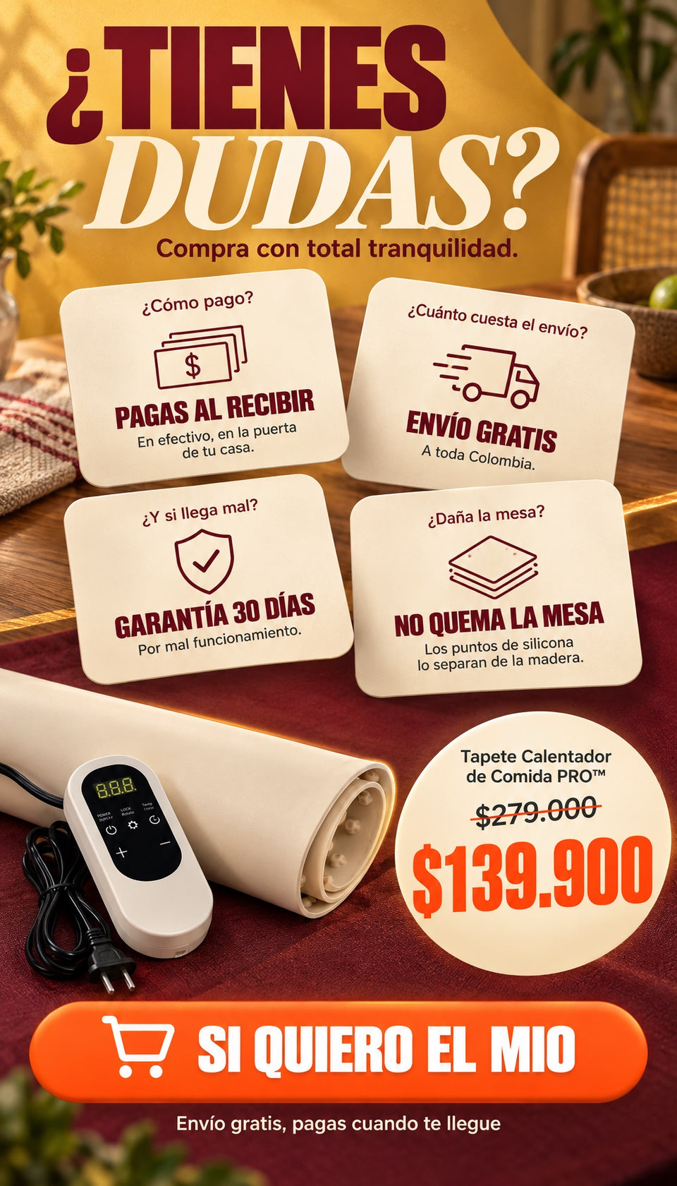 Dudas: pagas al recibir, envío gratis, garantía 30 días, no quema la mesa — $139.900