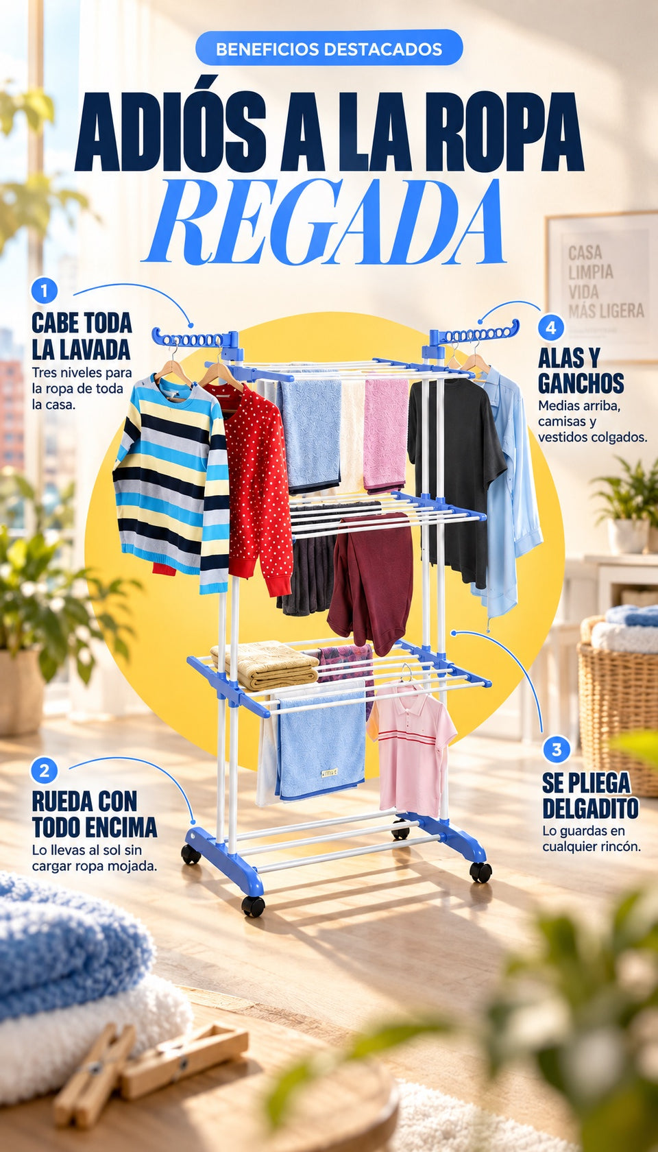 Beneficios: cabe toda la lavada, rueda con todo encima, se pliega delgadito, alas y ganchos