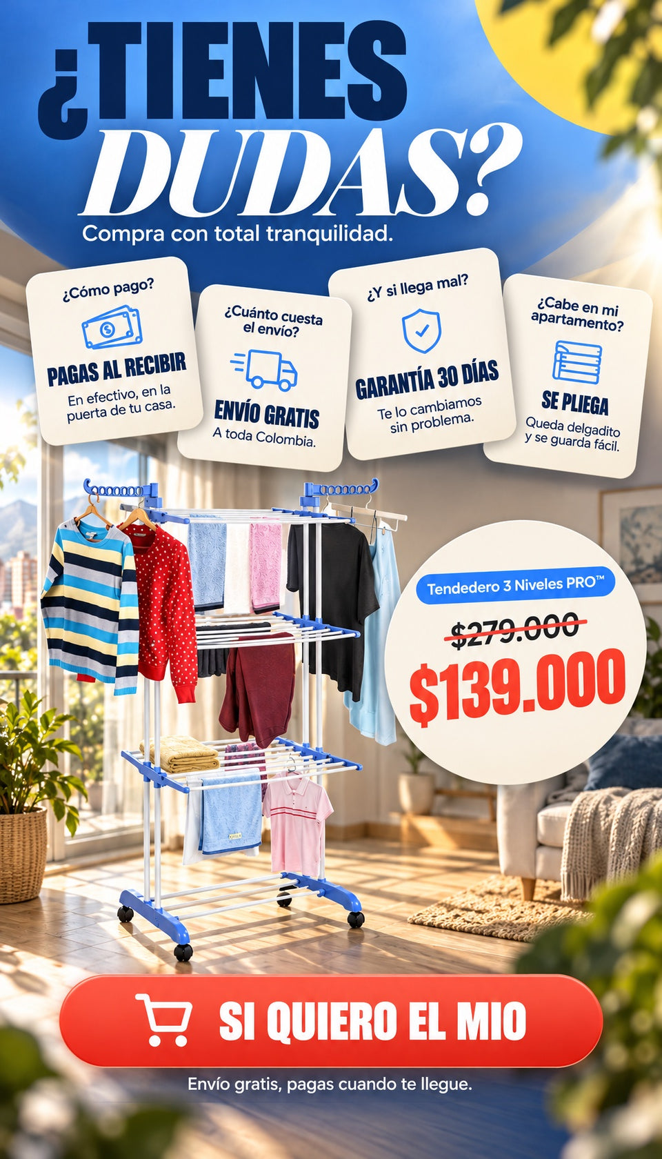 Dudas: pagas al recibir, envío gratis, garantía 30 días, se pliega — $139.000